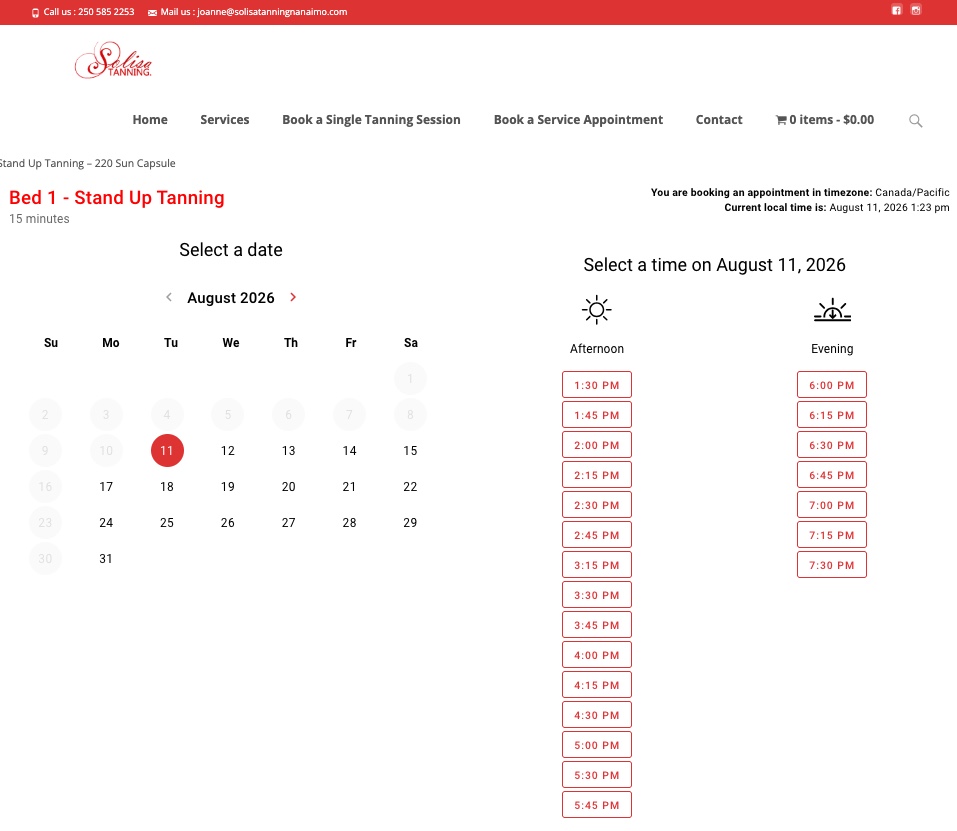 Custom online booking system for Solisa Tanning Nanaimo