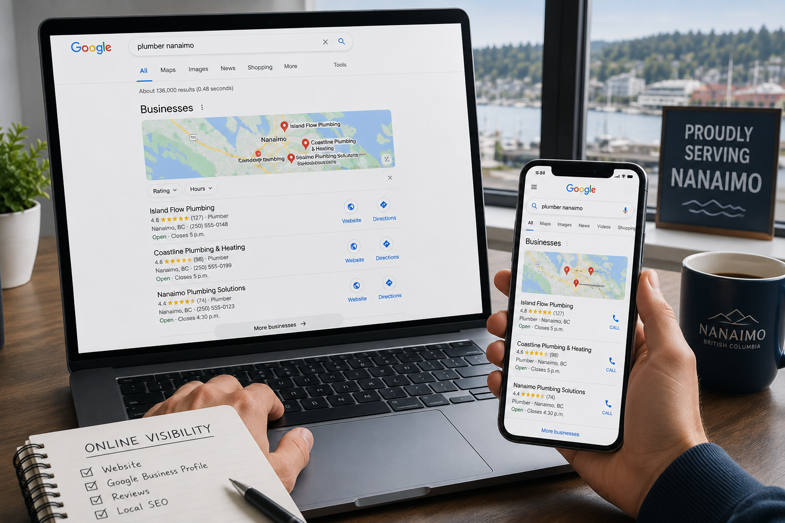 google search results Nanaimo business checking its visibility in online search results