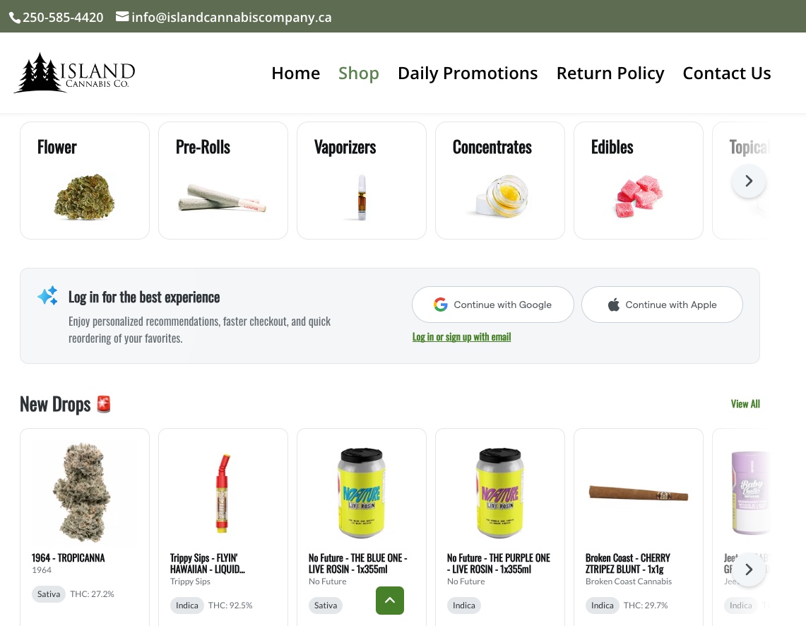 Online shop integration for Island Cannabis Company website