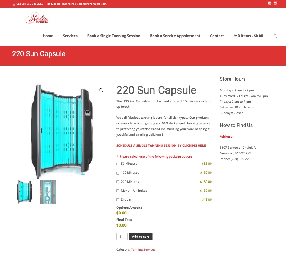 WooCommerce online shop for Solisa Tanning in Nanaimo