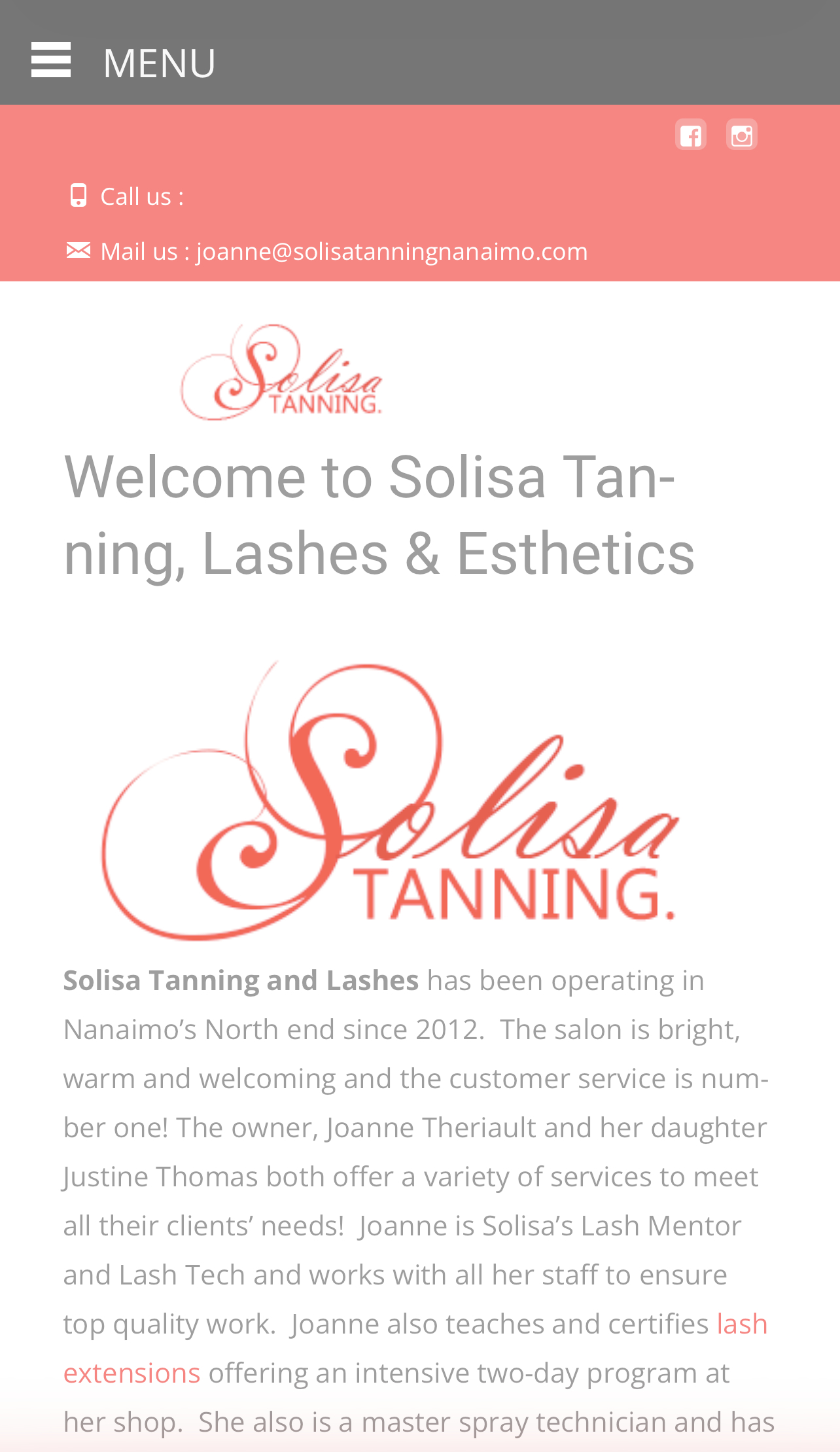 Nananimo web design case study for solisa tanning and lashes - mobile view