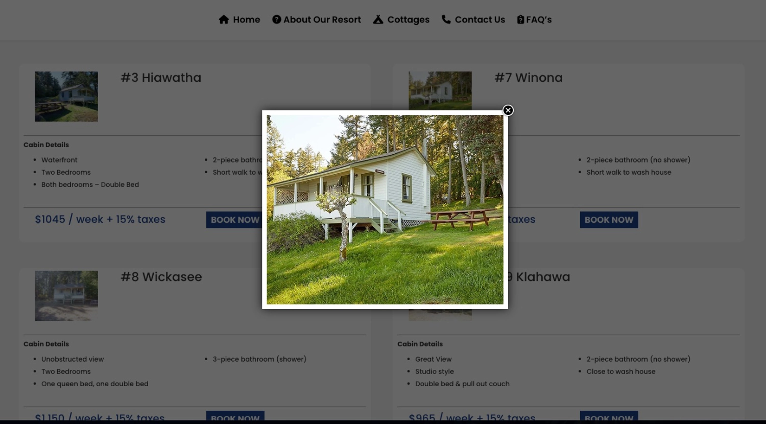 Example waterfront cottage at Tillicum Seaside Resort
